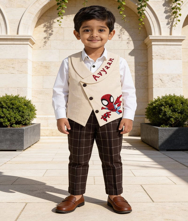 Luxe Beige Waistcoat with Custom Initials & Spidey Vibes!