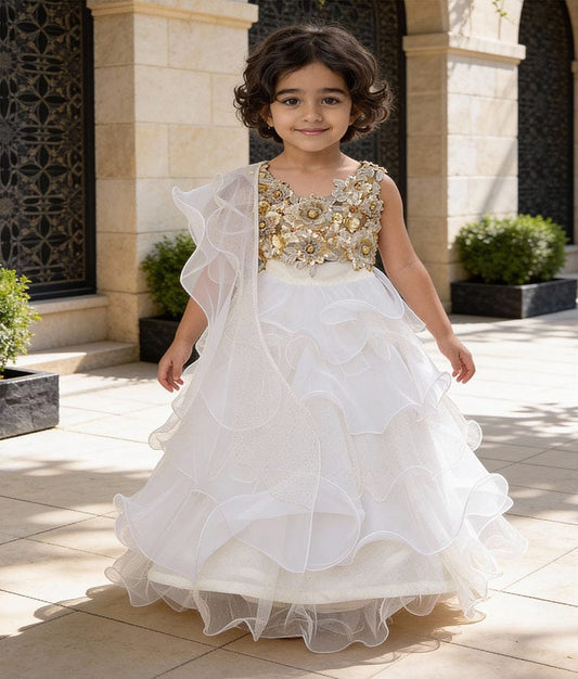 Luxe Beige White Organza Lehenga with 3D Flowers Choli Organza Dupatta for Girls