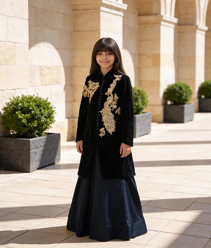 Luxe Black Embroidered Long Jacket with Lehenga