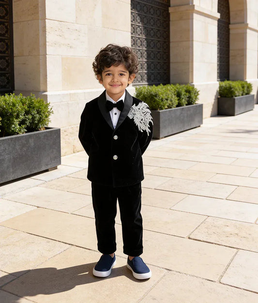 Luxe Black Embroidered Velvet Coat Set