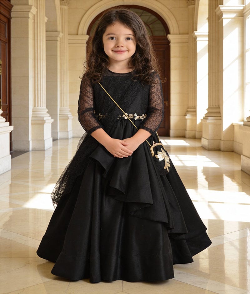 Luxe Black Silk Anarkali with Flower Net Drape Dupatta for Girls