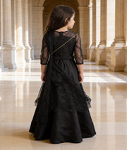 Luxe Black Silk Anarkali with Flower Net Drape Dupatta for Girls