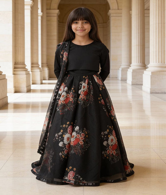 Luxe Black Silk Black Organza Printed Lehenga with Choli Printed Organza Dupatta for Girls