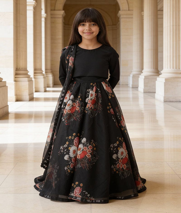 Luxe Black Silk Black Organza Printed Lehenga with Choli Printed Organza Dupatta for Girls