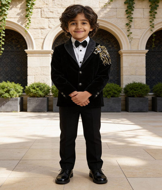 Luxe Black Velvet Coat Set for Boys