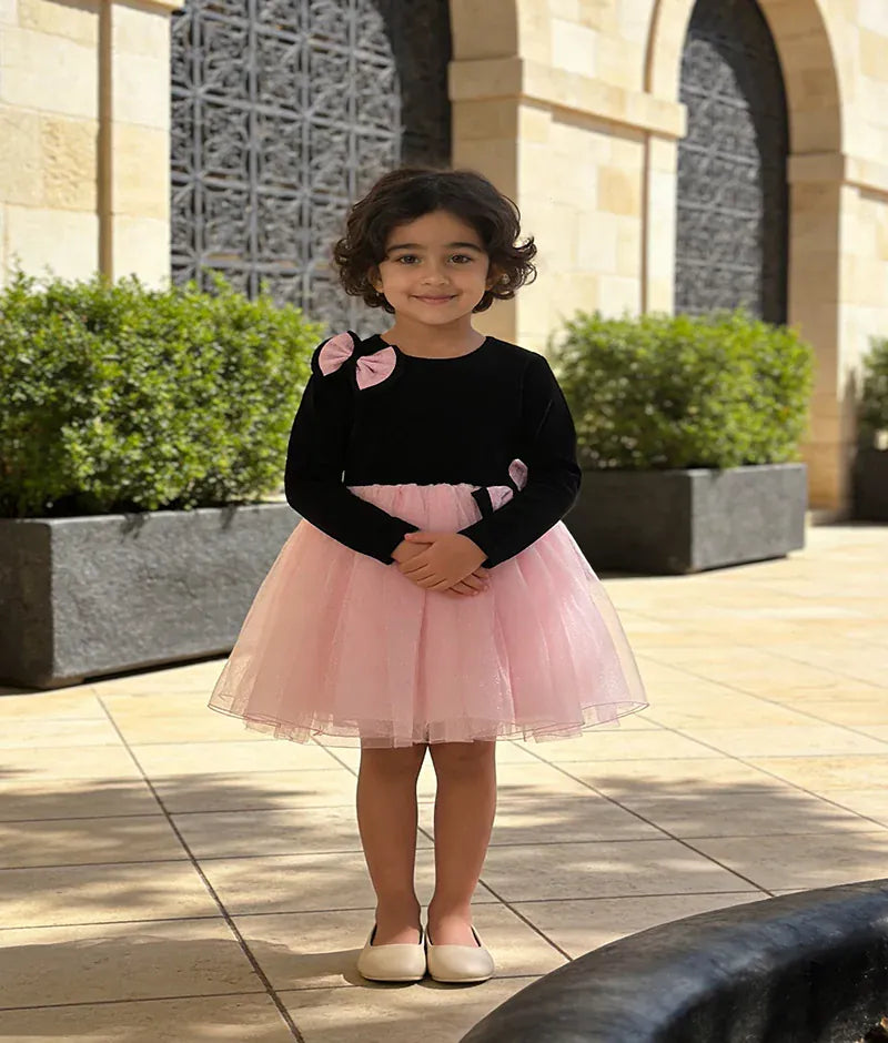 Luxe Black Velvet Pink Glitter Organza Frock for Girls