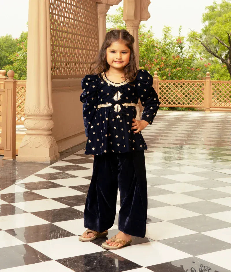 Luxe Blue Boti Velvet Kurti Salwar Set