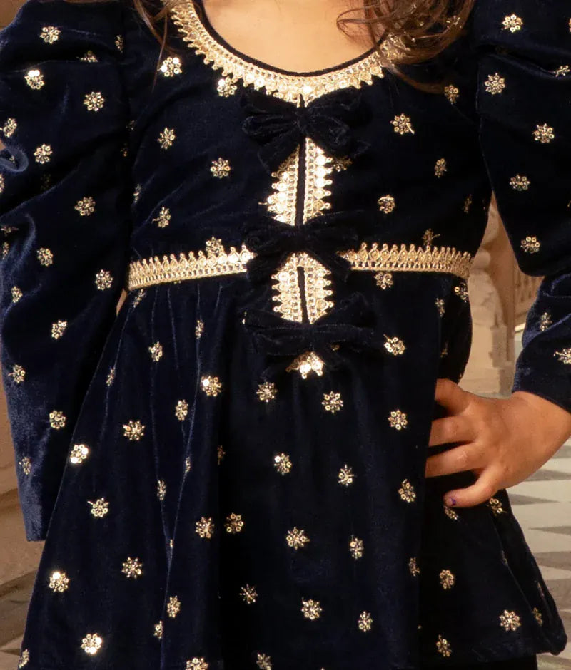 Luxe Blue Boti Velvet Kurti Salwar Set