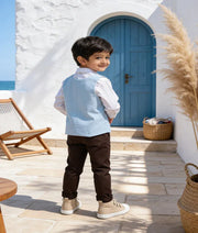 Luxe Blue Car Print Waist Coat with White Shirt Brown Pant for Boys