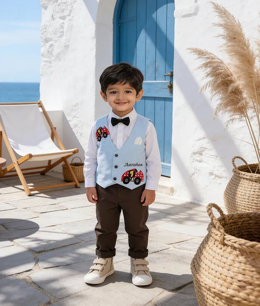 Luxe Blue Car Print Waist Coat with White Shirt Brown Pant for Boys