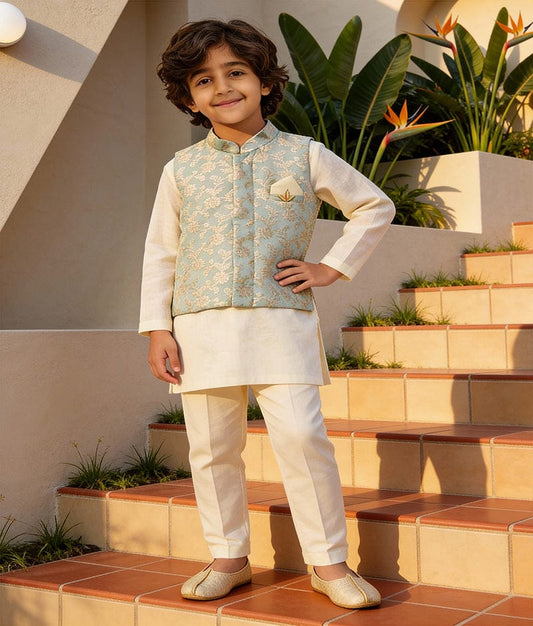 Luxe Blue Chanderi Jacket and Kurta Pant for Boys