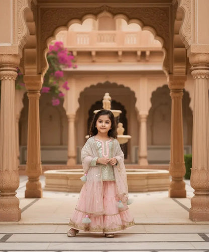 Luxe Blue Chanderi Kurti and Peach Net Sharara for Girls
