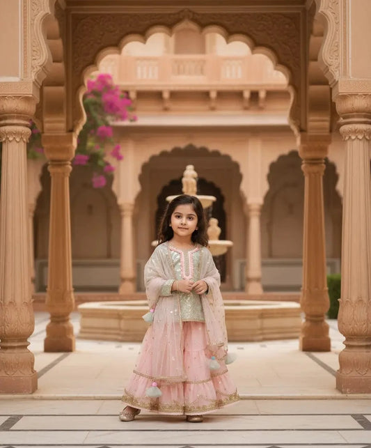 Luxe Blue Chanderi Kurti and Peach Net Sharara for Girls