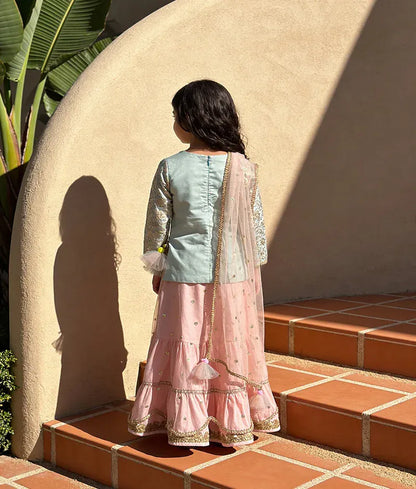 Luxe Blue Chanderi Kurti and Peach Net Sharara for Girls