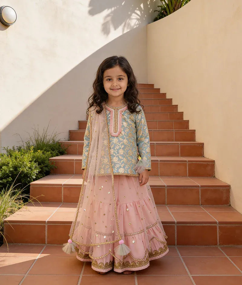 Luxe Blue Chanderi Kurti and Peach Net Sharara for Girls