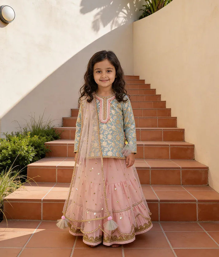 Luxe Blue Chanderi Kurti and Peach Net Sharara for Girls