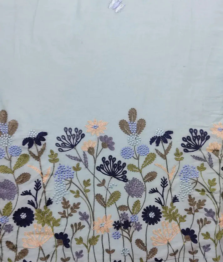 Luxe Blue Cotton Mul Embroidered Crop Top Skirt Set