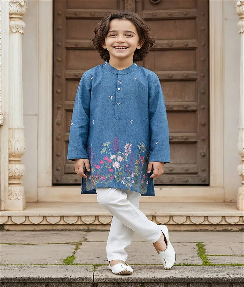 Luxe Blue Demin Embroidered Kurta with Pant