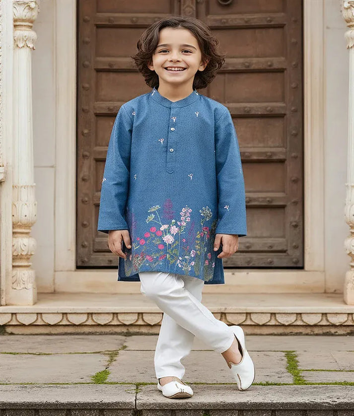 Luxe Blue Demin Embroidered Kurta with Pant
