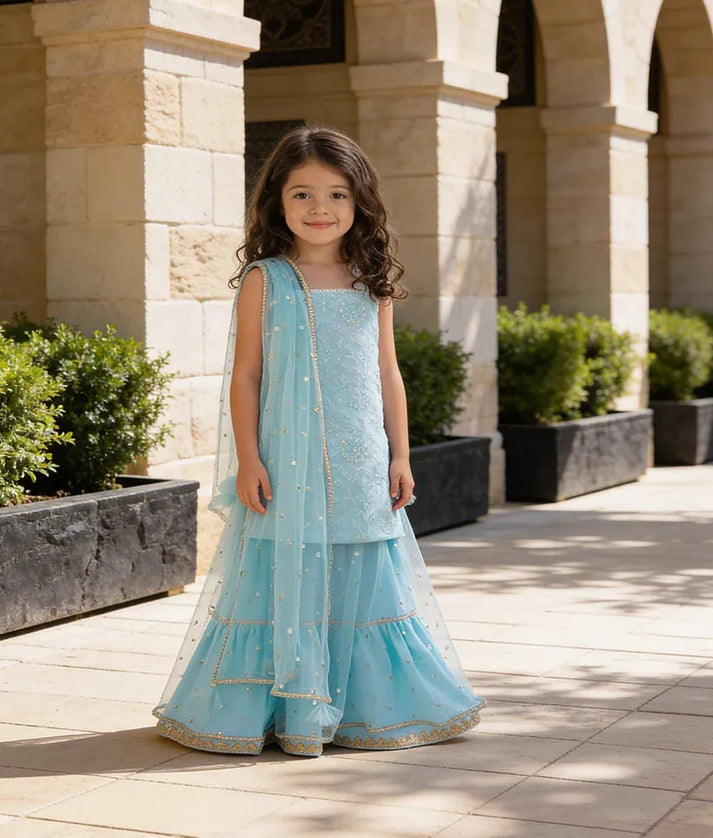 Luxe Blue Embroidered Kurti Lehenga Set