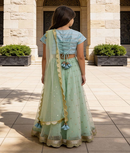Luxe Blue Embroidery Choli and Green Net Lehenga Dupatta Set for Girls