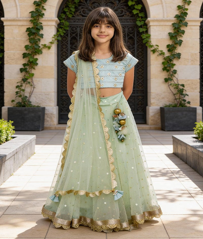 Luxe Blue Embroidery Choli and Green Net Lehenga Dupatta Set for Girls