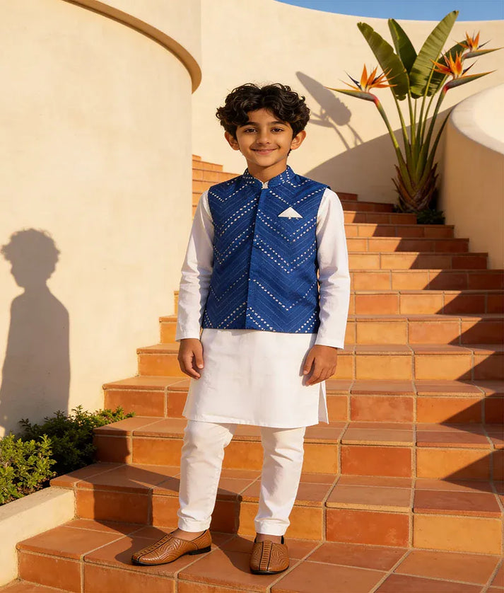 Luxe Blue Embroidery Nehru Jacket Off White Kurta Pant for Boys