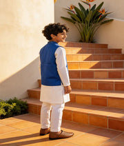 Luxe Blue Embroidery Nehru Jacket Off White Kurta Pant for Boys