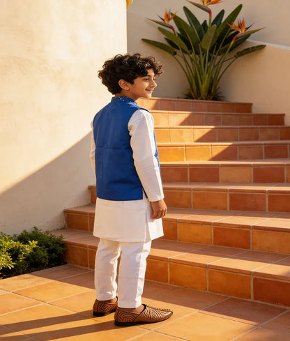 Luxe Blue Embroidery Nehru Jacket Off White Kurta Pant for Boys