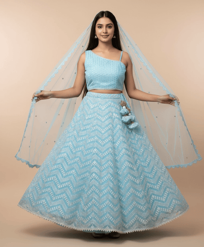 Luxe Blue Faux Mirror Embroidered Lehenga Choli