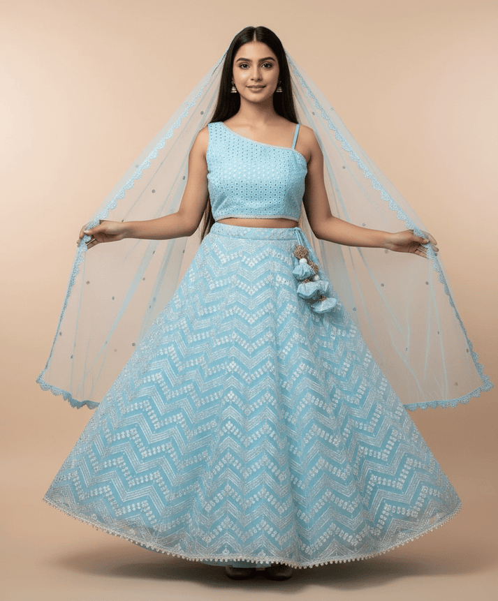 Luxe Blue Faux Mirror Embroidered Lehenga Choli