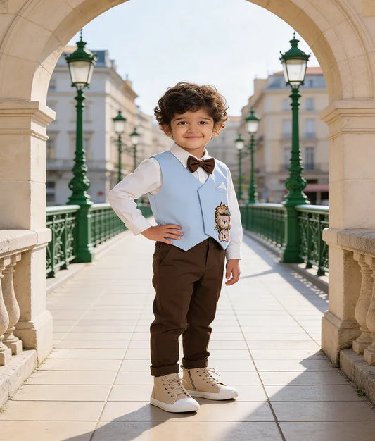Luxe Blue Lion Motif Waist Coat with Off white Shirt Brown Pant for Boys