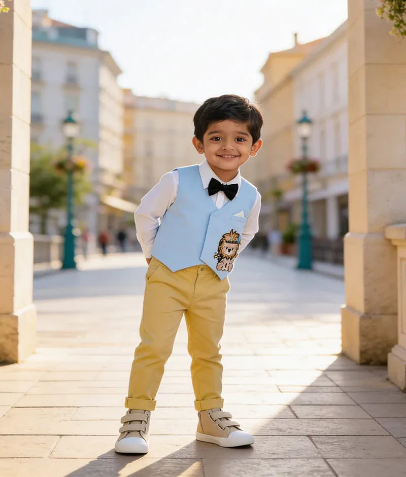 Luxe Blue Lion Motif Waist Coat with Off white Shirt Golden Pant for Boys