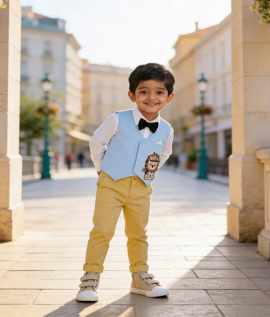 Luxe Blue Lion Motif Waist Coat with Off white Shirt Golden Pant for Boys