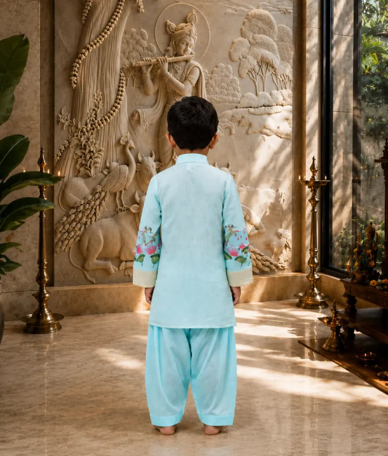 Luxe Blue Lotus Printed Kurta with Salwar