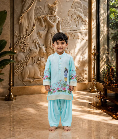 Luxe Blue Lotus Printed Kurta with Salwar