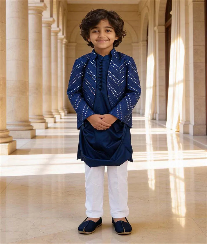 Luxe Blue Mirror Embroidery Jacket Set