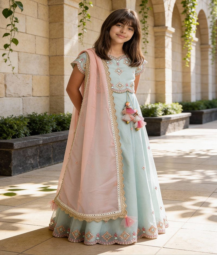 Luxe Blue Organza Embroidery Lehenga with Choli Organza Dupatta for Girls