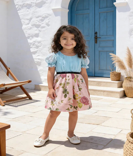 Luxe Blue Organza Peach Printed Dress for Girls