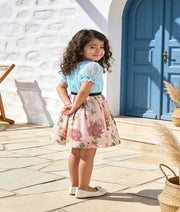 Luxe Blue Organza Peach Printed Dress for Girls