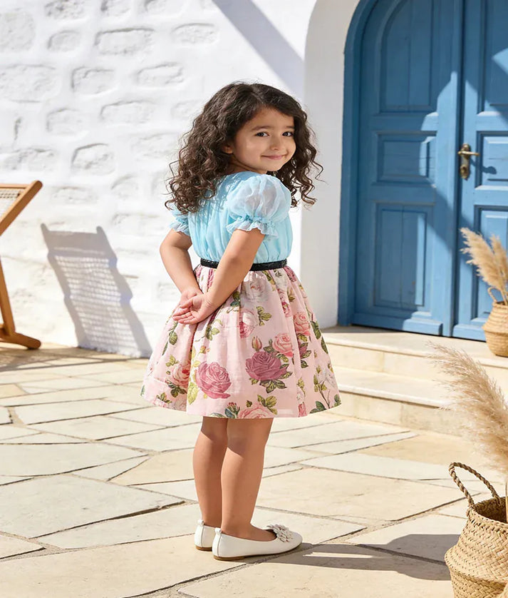 Luxe Blue Organza Peach Printed Dress for Girls