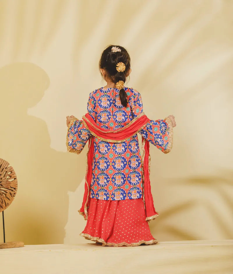 Luxe Blue Patola Printed Kurti with Sharara Set