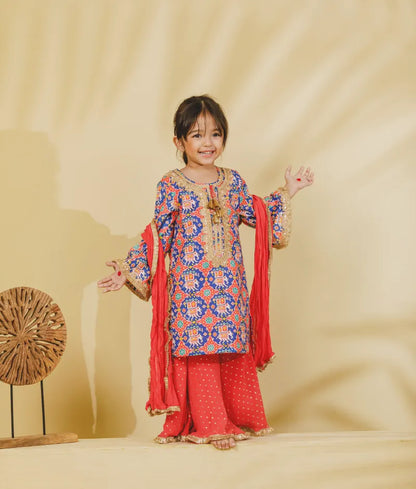 Luxe Blue Patola Printed Kurti with Sharara Set