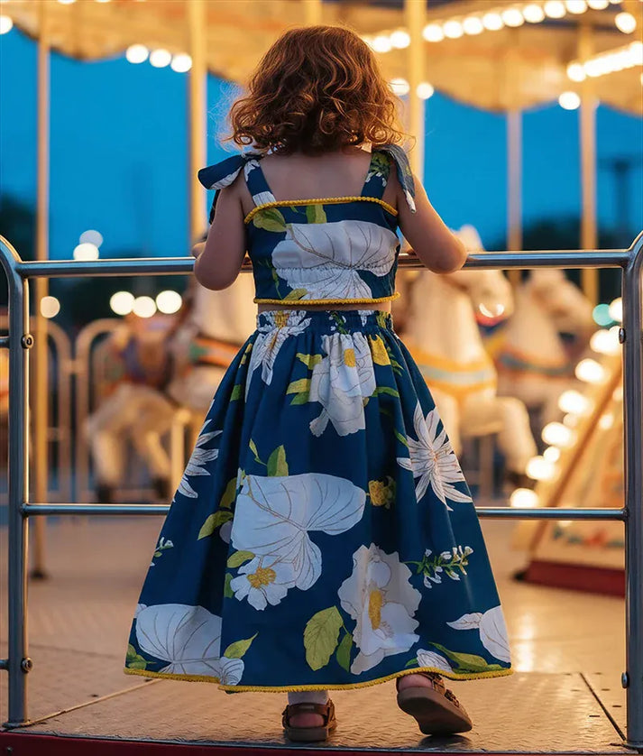 Luxe Blue Printed Top with Lehenga