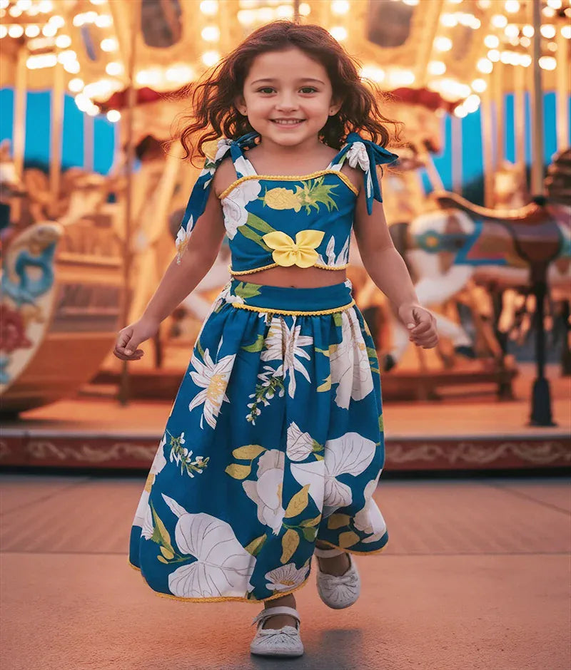 Luxe Blue Printed Top with Lehenga