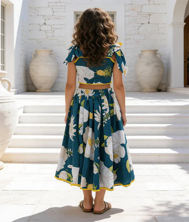 Luxe Blue Printed Top with Lehenga