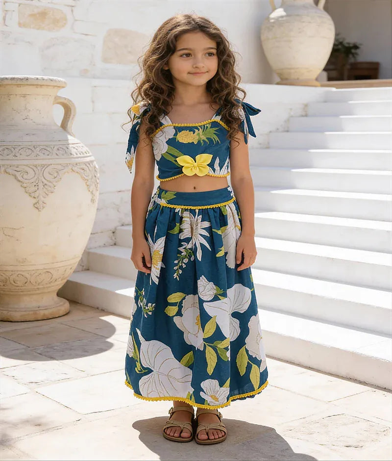 Luxe Blue Printed Top with Lehenga