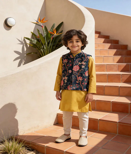 Luxe Blue Printed Velvet Jacket Set