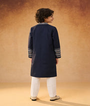 Luxe Blue Silk Achkan and Off white Pant for Boys