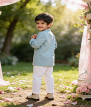 Luxe Blue Silk Bandgala with Off White Pant for Boys